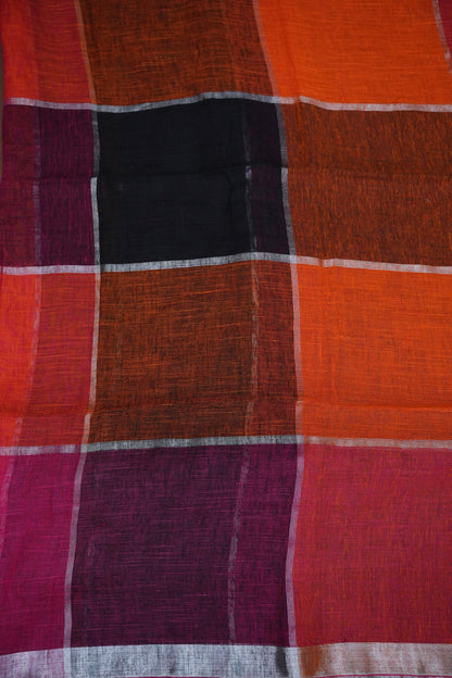 Premium Linen Silk Saree – Vibrant Colour Block Checks with Silver Zari Border