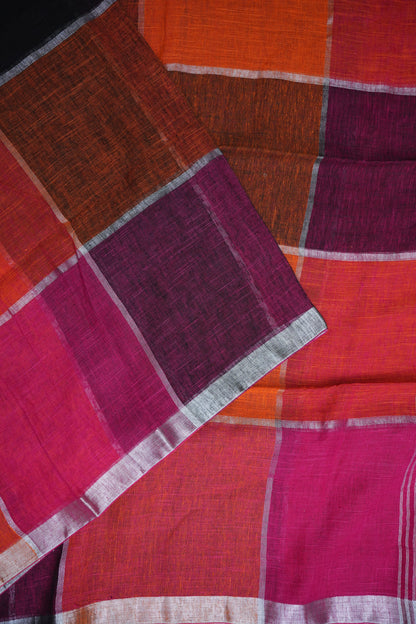 Premium Linen Silk Saree – Vibrant Colour Block Checks with Silver Zari Border
