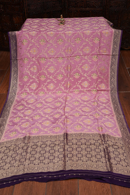 Banarasi Munga Silk Saree - Rose Pink & Deep Purple