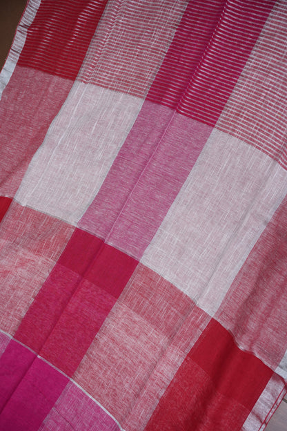 Pink & White Linen Cotton Checked Saree with Silver Zari Border