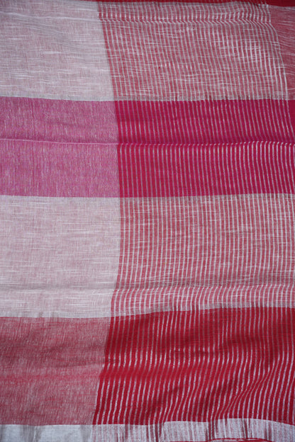 Pink & White Linen Cotton Checked Saree with Silver Zari Border