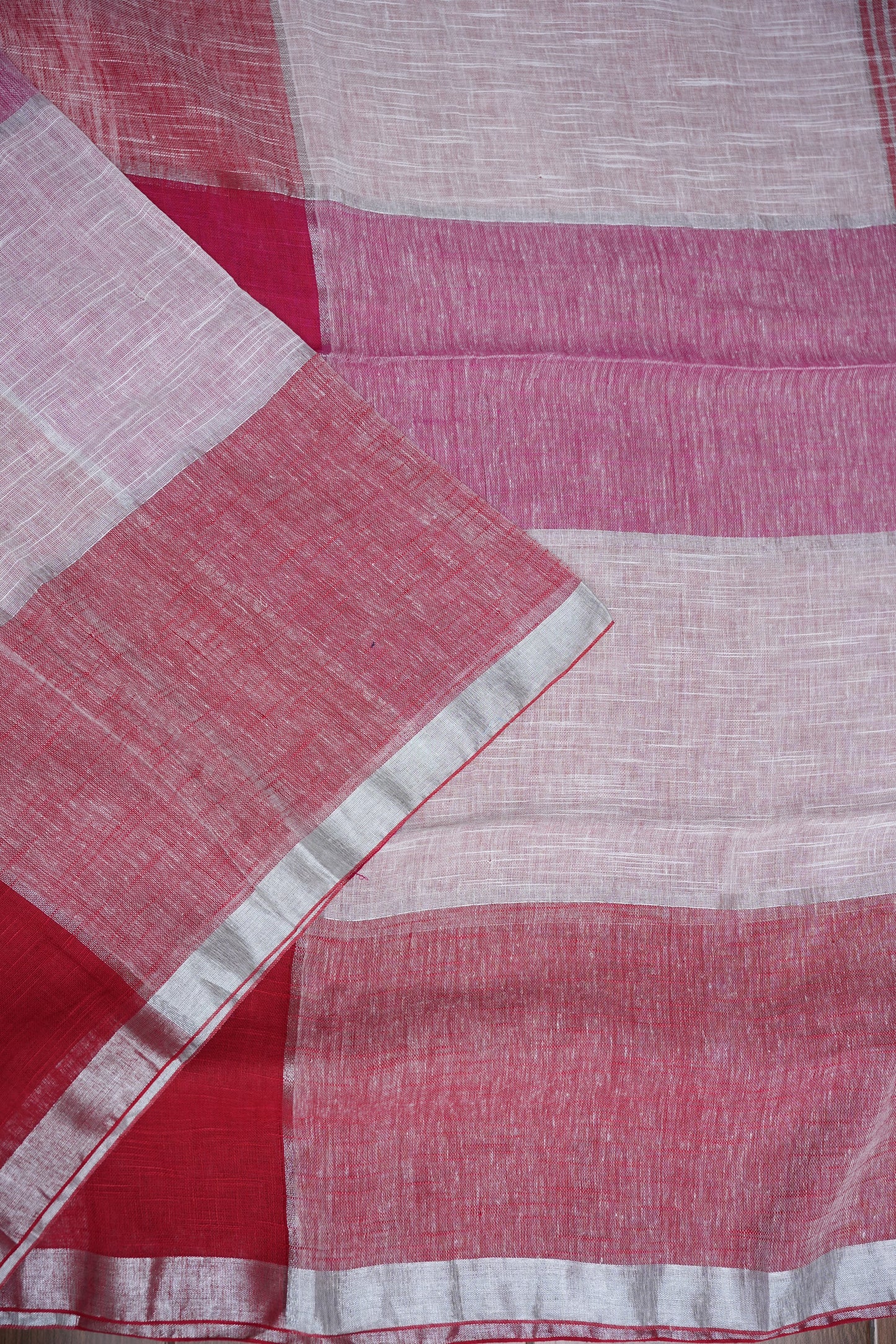 Pink & White Linen Cotton Checked Saree with Silver Zari Border