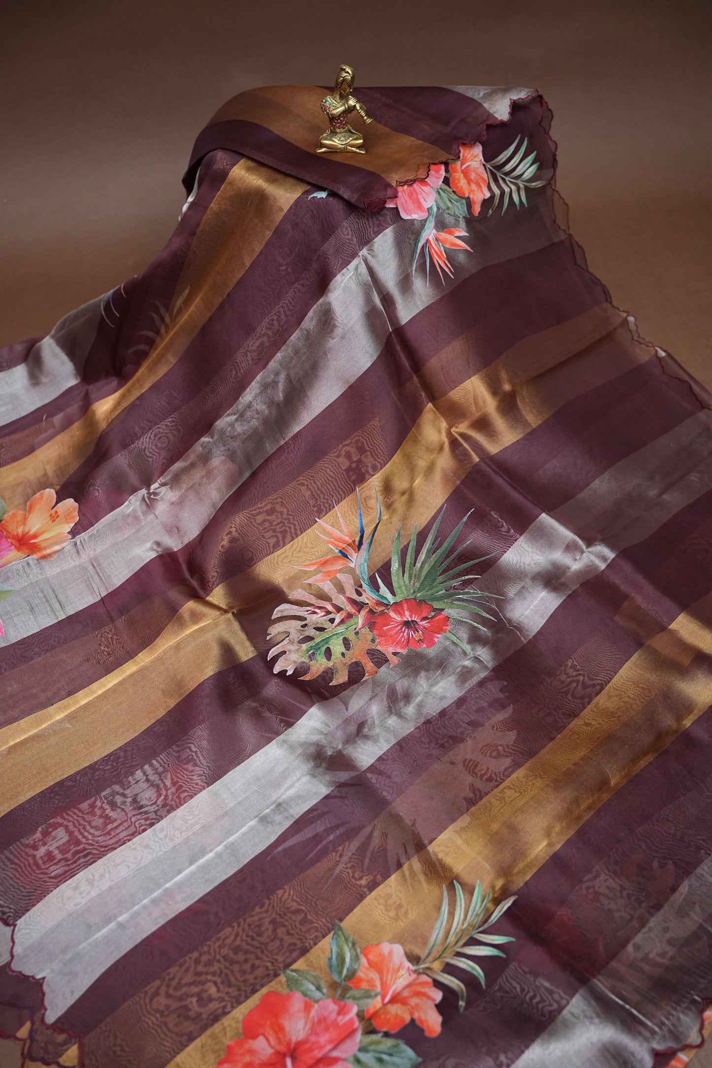 Pure Tissue Organza Silk Saree with Digital Floral Print-Wine Brown, Antique Gold & Silver