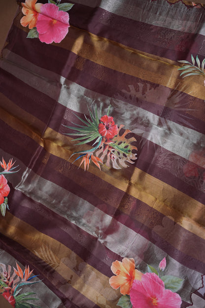 Pure Tissue Organza Silk Saree with Digital Floral Print-Wine Brown, Antique Gold & Silver