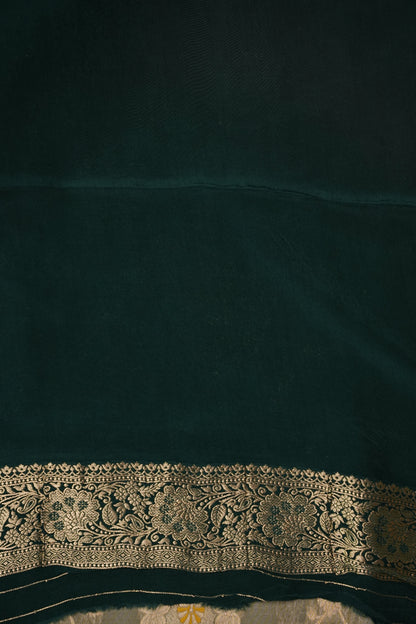 Banarasi Munga Silk Saree - Champagne Gold & Emerald green