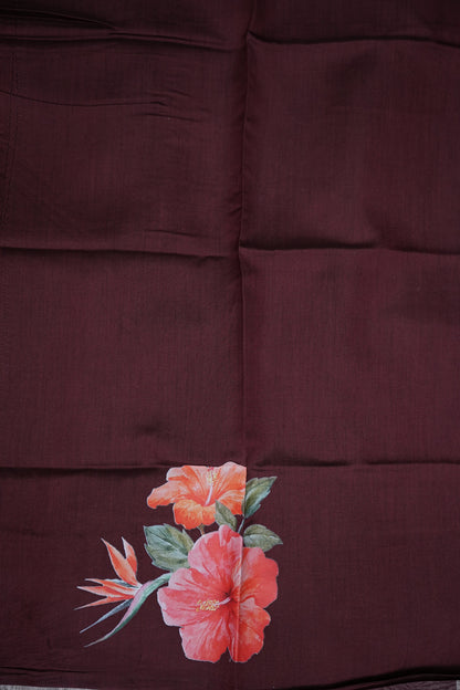Pure Tissue Organza Silk Saree with Digital Floral Print-Wine Brown, Antique Gold & Silver