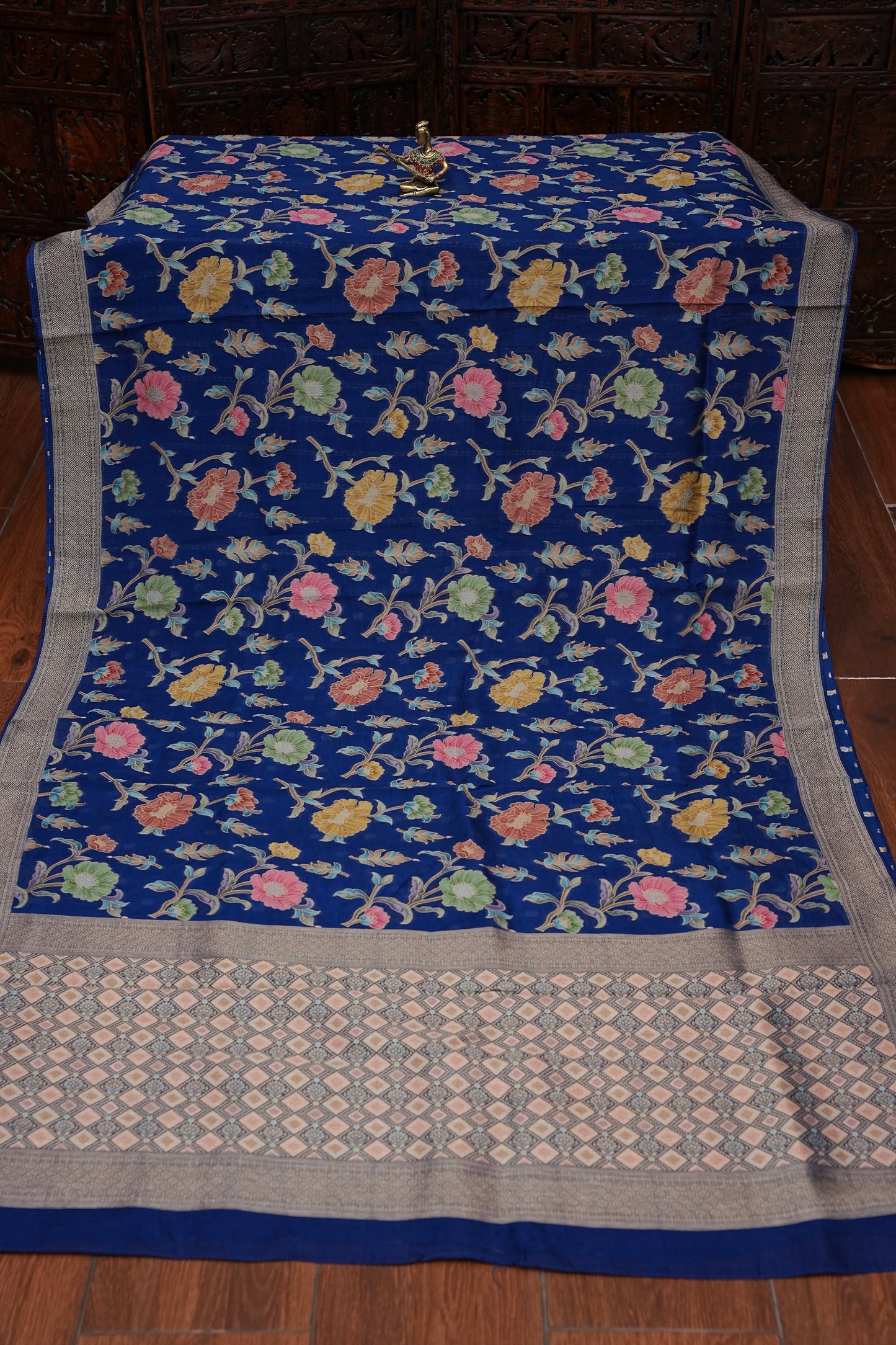 Tussar Banarasi Raw Silk Saree with Floral Paithani Weaves – Peacock Blue