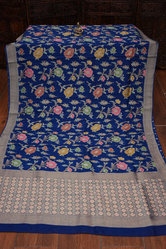 Tussar Banarasi Raw Silk Saree with Floral Paithani Weaves – Peacock Blue