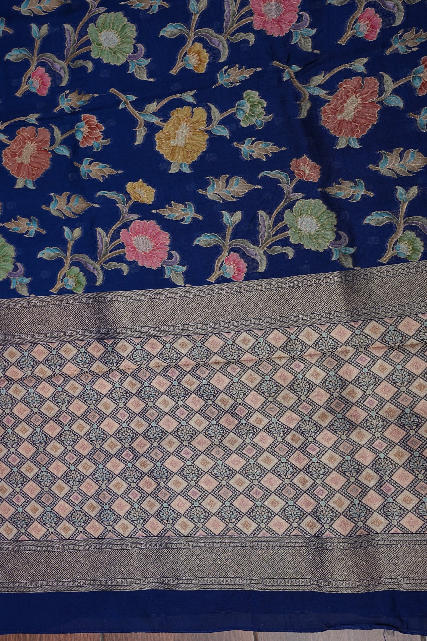 Tussar Banarasi Raw Silk Saree with Floral Paithani Weaves – Peacock Blue