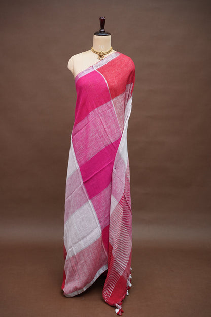 Pink & White Linen Cotton Checked Saree with Silver Zari Border