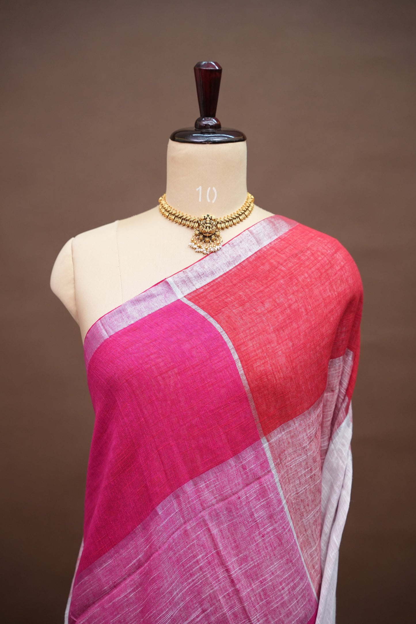 Pink & White Linen Cotton Checked Saree with Silver Zari Border