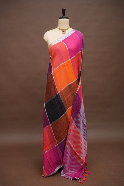 Premium Linen Silk Saree – Vibrant Colour Block Checks with Silver Zari Border