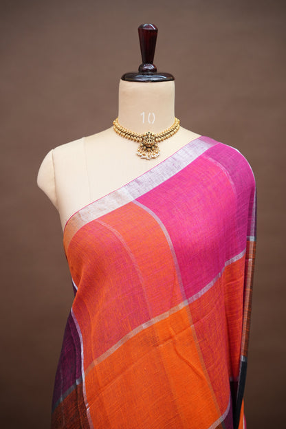 Premium Linen Silk Saree – Vibrant Colour Block Checks with Silver Zari Border