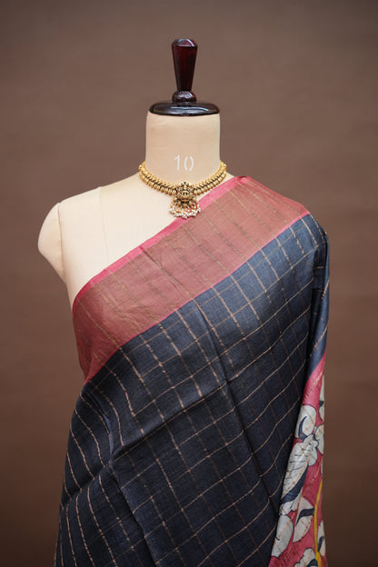 Premium Hand-Painted Tussar Silk Saree – Rich Dark Grey with Floral Kalamkari Pallu & Blouse