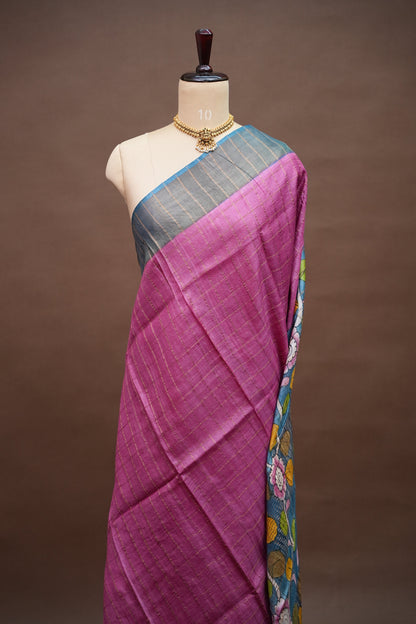 Premium Hand-Painted Tussar Silk Saree – Magenta Pink with Artistic Floral Pallu