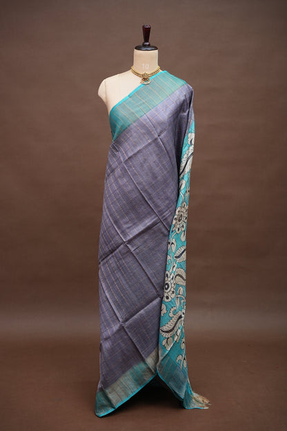 Premium Hand-Painted Tussar Silk Saree – Steel Grey with Aqua Blue Floral Pallu