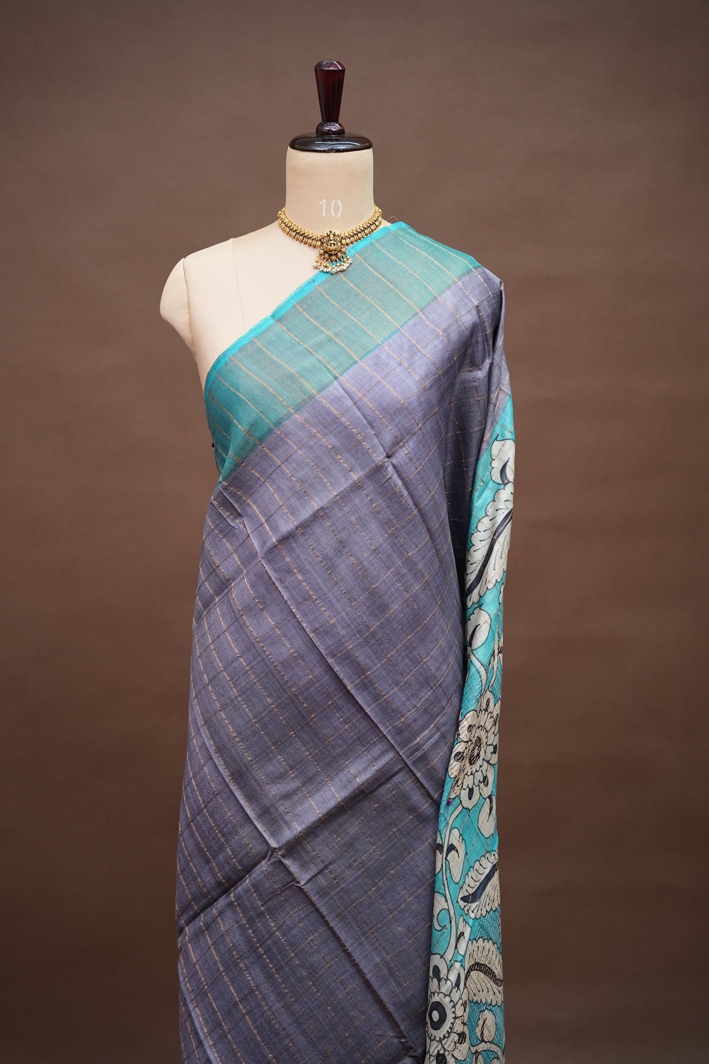 Premium Hand-Painted Tussar Silk Saree – Steel Grey with Aqua Blue Floral Pallu