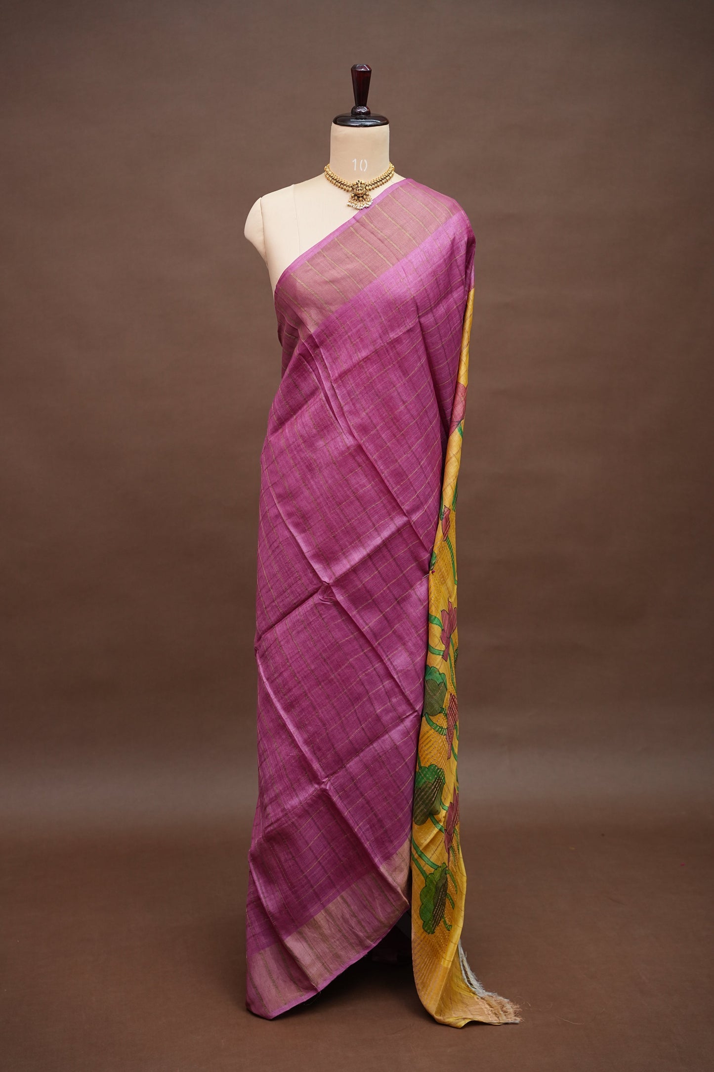 Premium Hand-Painted Tussar Silk Saree – Magenta with Mustard Yellow Lotus Pallu