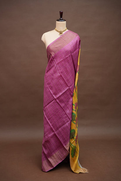 Premium Hand-Painted Tussar Silk Saree – Magenta with Mustard Yellow Lotus Pallu