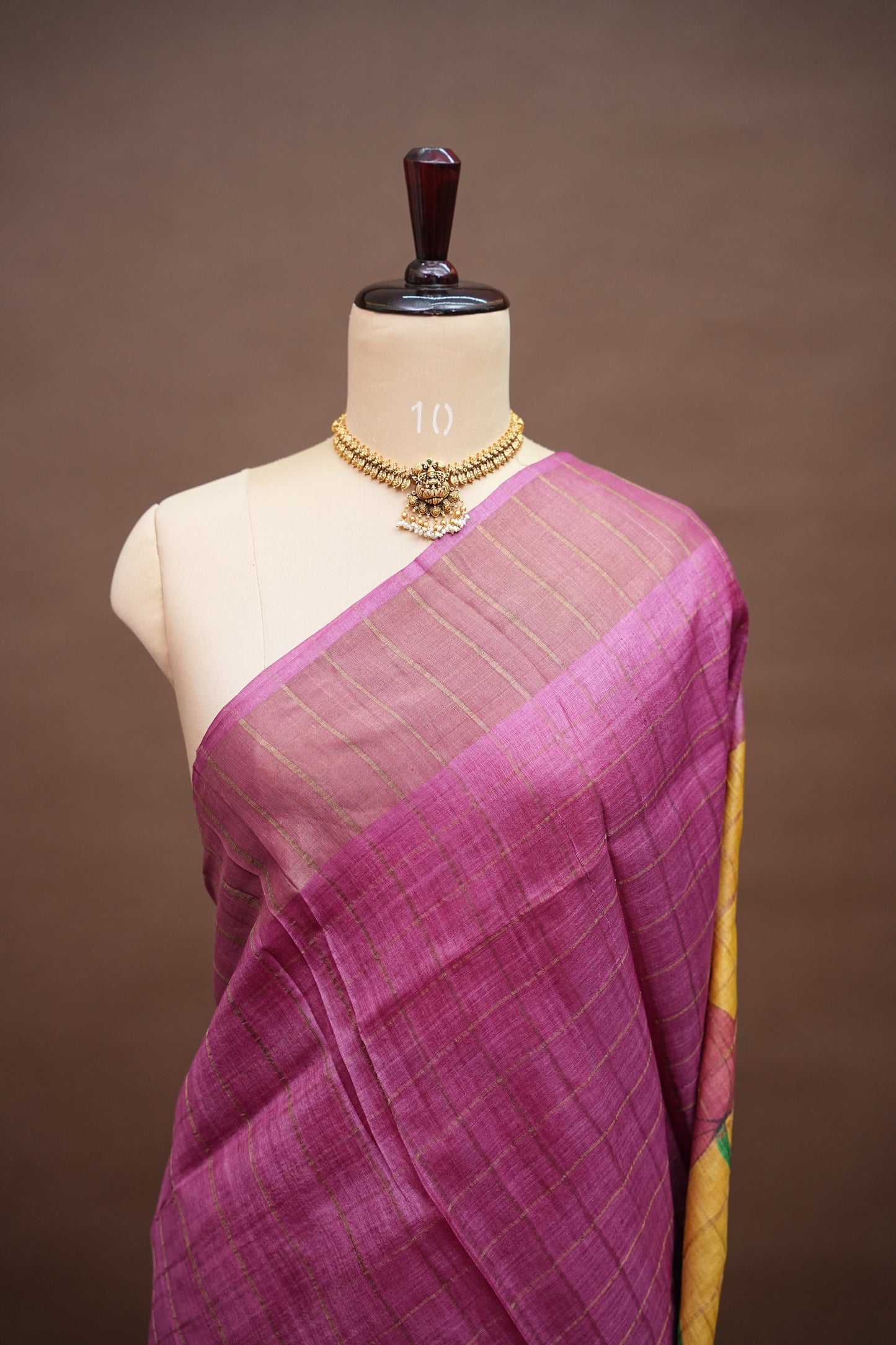 Premium Hand-Painted Tussar Silk Saree – Magenta with Mustard Yellow Lotus Pallu
