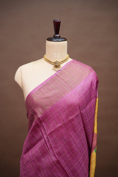 Premium Hand-Painted Tussar Silk Saree – Magenta with Mustard Yellow Lotus Pallu