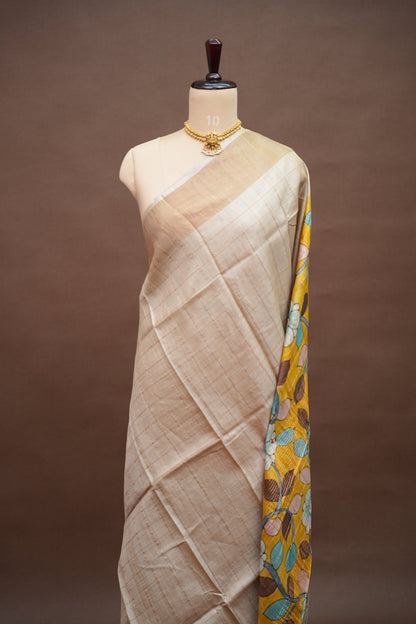 Premium Hand-Painted Tussar Silk Saree – Ivory with Mustard Floral Pallu