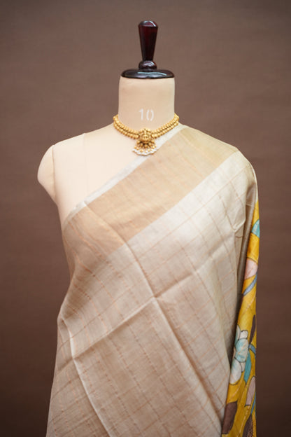 Premium Hand-Painted Tussar Silk Saree – Ivory with Mustard Floral Pallu