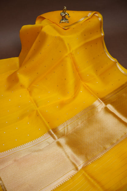 Sunshine Yellow Pure Organza Kora Banarasi Silk Saree|Silk Mark Certified
