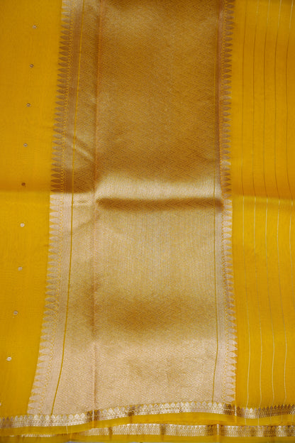 Sunshine Yellow Pure Organza Kora Banarasi Silk Saree|Silk Mark Certified