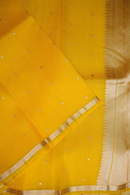 Sunshine Yellow Pure Organza Kora Banarasi Silk Saree|Silk Mark Certified
