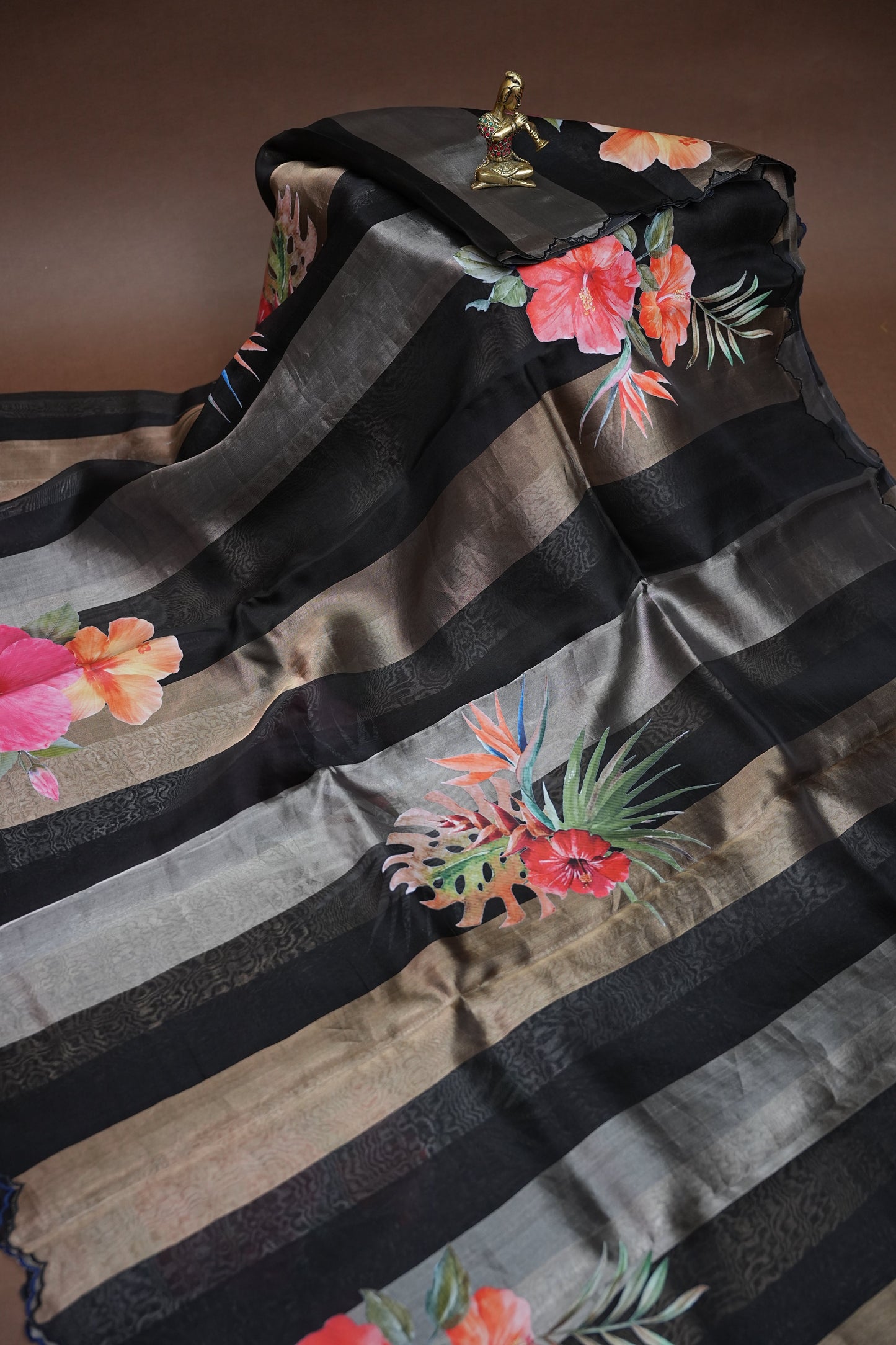 Pure Tissue Organza Silk Saree with Digital Floral Print-Black with Champagne Gold & Silver Tissue Stripes