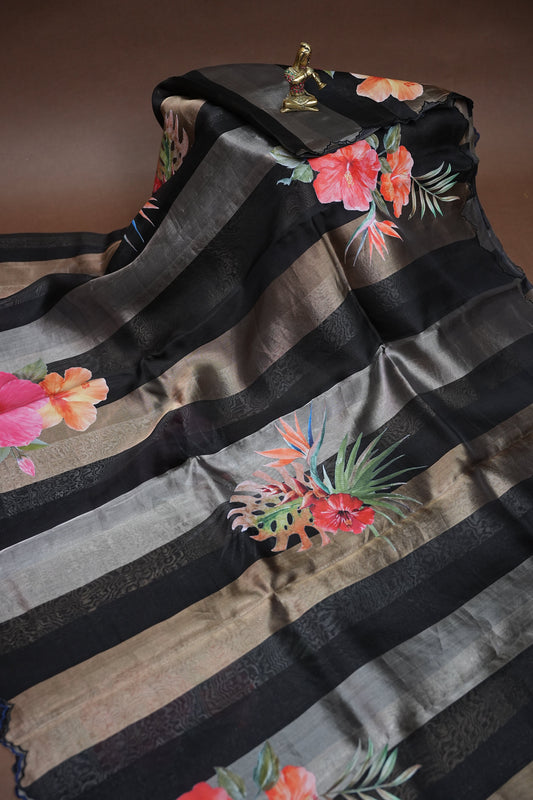 Pure Tissue Organza Silk Saree with Digital Floral Print-Black with Champagne Gold & Silver Tissue Stripes