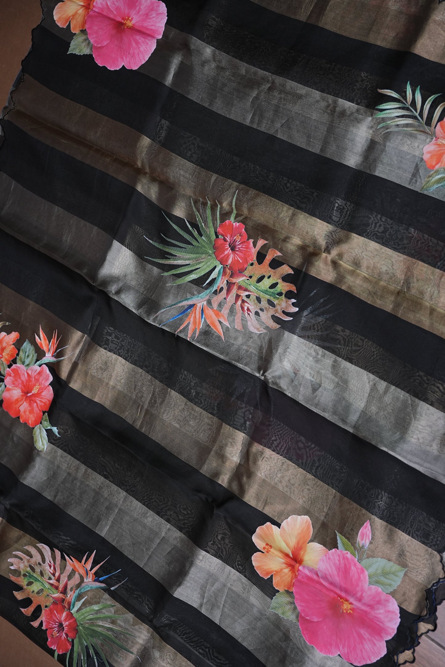 Pure Tissue Organza Silk Saree with Digital Floral Print-Black with Champagne Gold & Silver Tissue Stripes