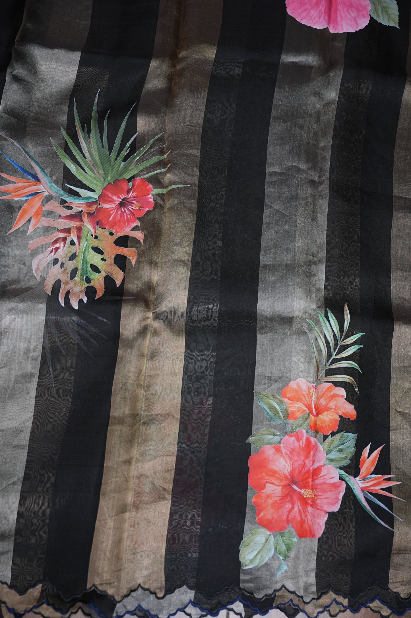 Pure Tissue Organza Silk Saree with Digital Floral Print-Black with Champagne Gold & Silver Tissue Stripes