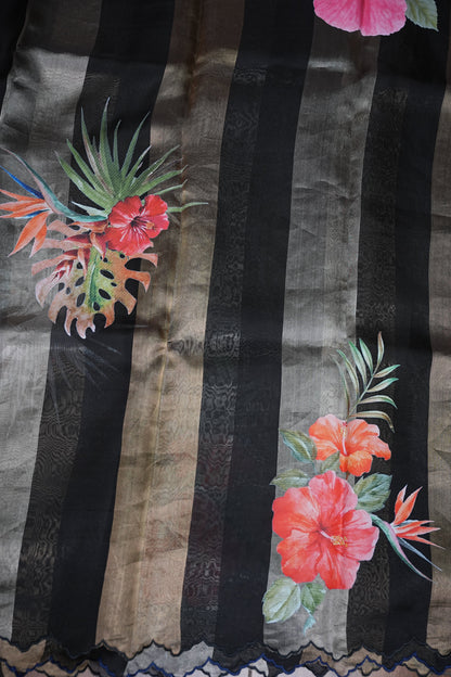 Pure Tissue Organza Silk Saree with Digital Floral Print-Black with Champagne Gold & Silver Tissue Stripes