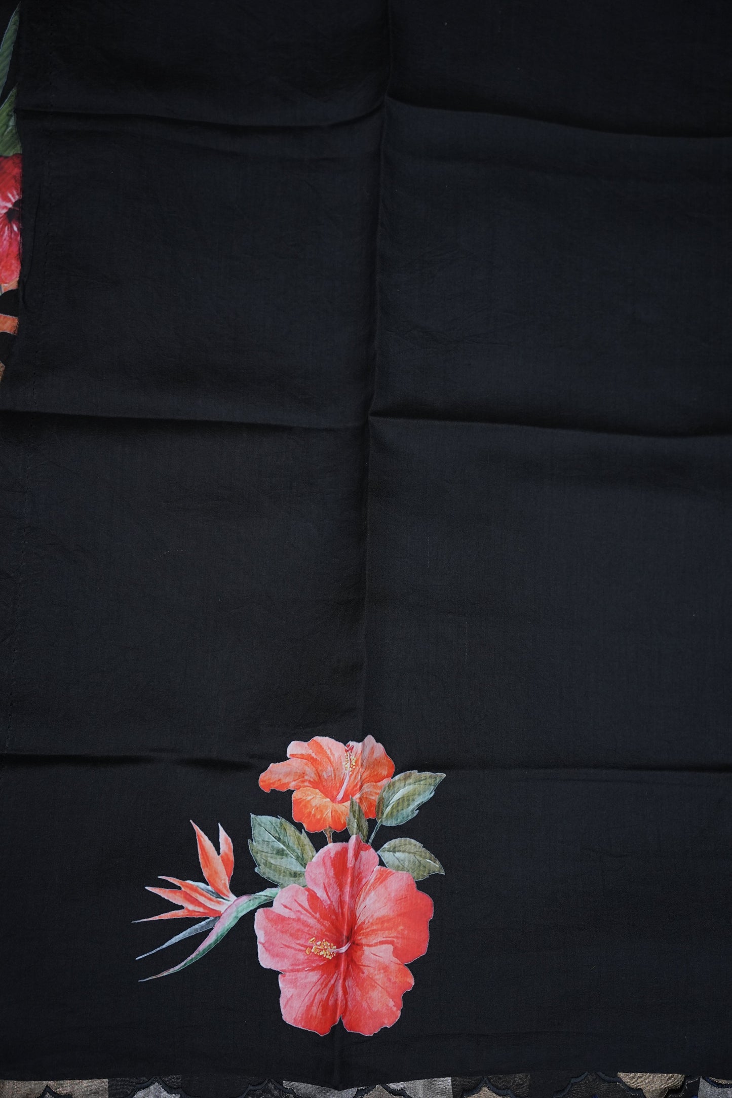 Pure Tissue Organza Silk Saree with Digital Floral Print-Black with Champagne Gold & Silver Tissue Stripes