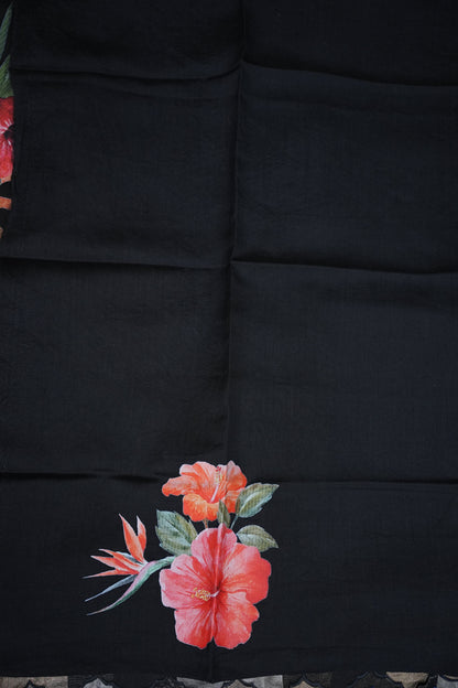 Pure Tissue Organza Silk Saree with Digital Floral Print-Black with Champagne Gold & Silver Tissue Stripes