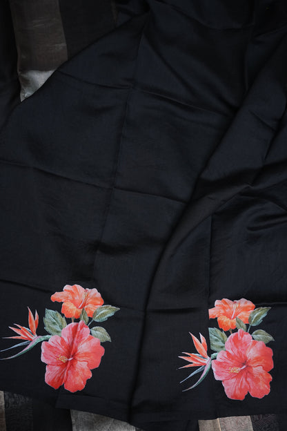 Pure Tissue Organza Silk Saree with Digital Floral Print-Black with Champagne Gold & Silver Tissue Stripes