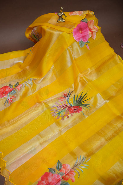 Pure Tissue Organza Silk Saree with Digital Floral Print-Sunshine Yellow