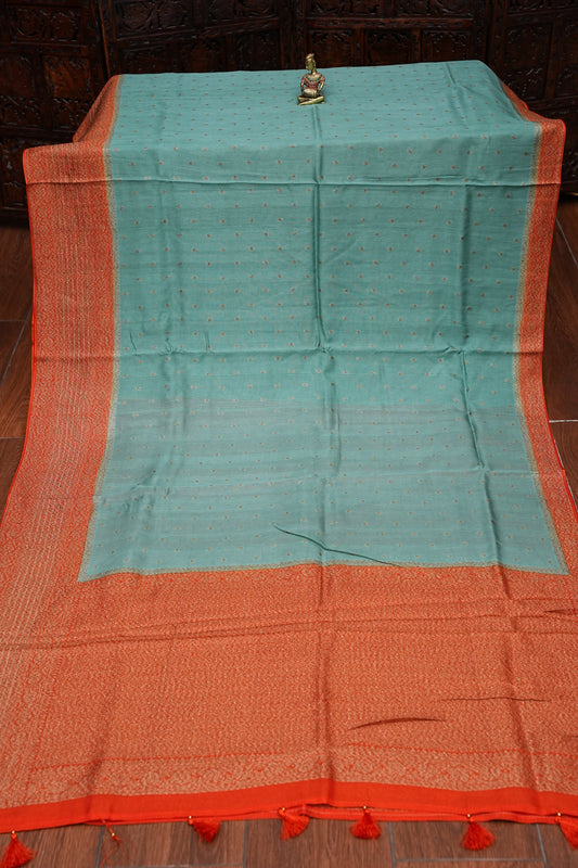 Tussar Banarasi Raw Silk Saree – Sea Green & Orange with Zari Border