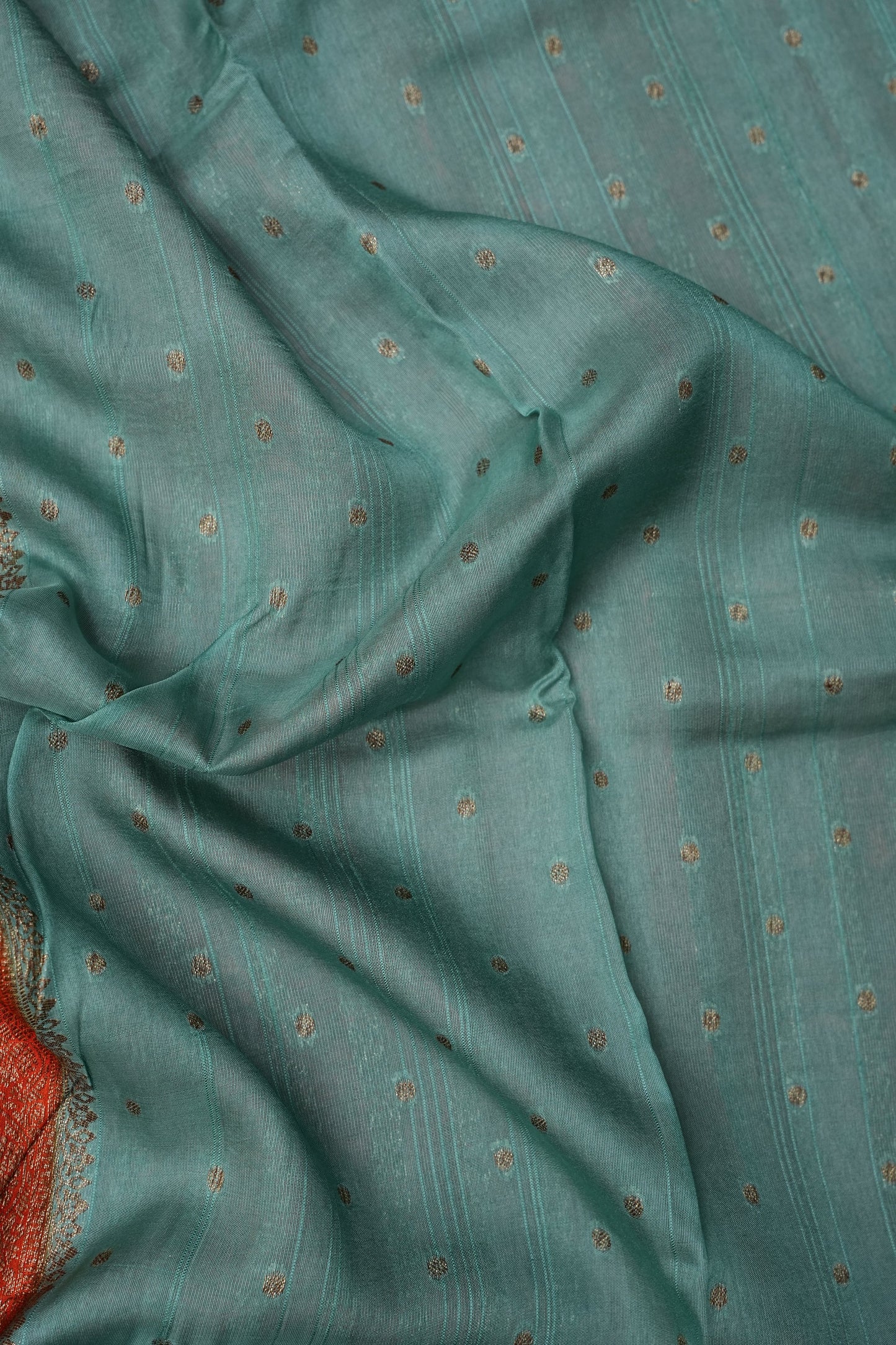 Tussar Banarasi Raw Silk Saree – Sea Green & Orange with Zari Border