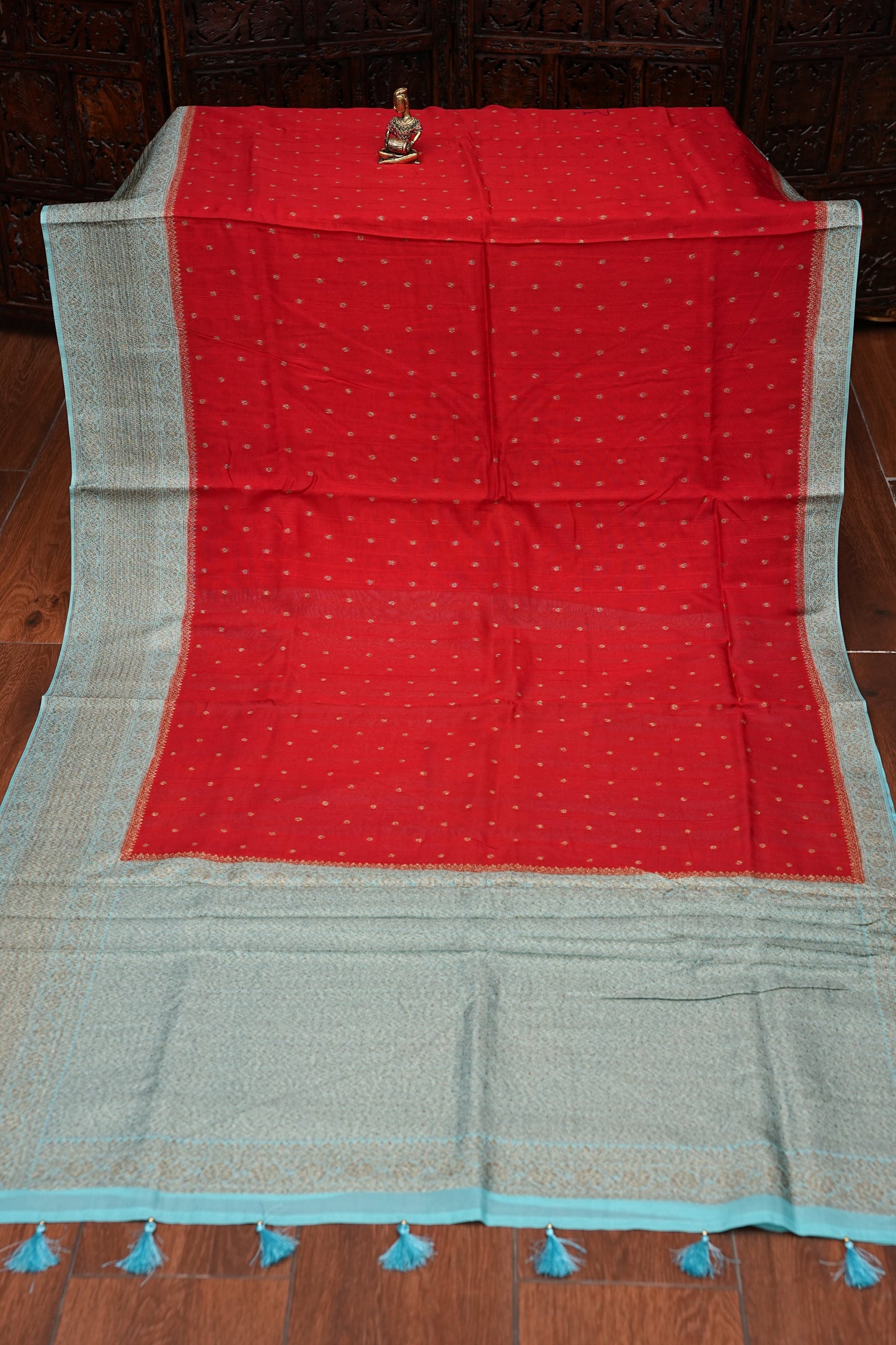 Tussar Banarasi Raw Silk Saree – Red & Sea Green with Zari Border