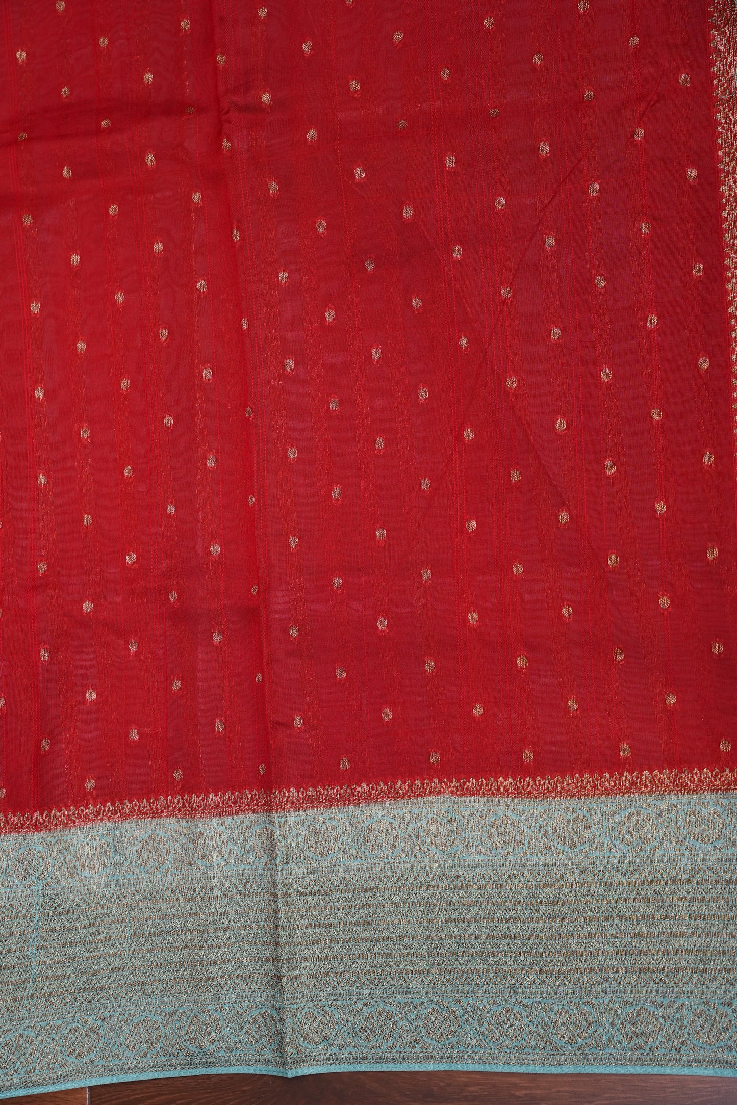 Tussar Banarasi Raw Silk Saree – Red & Sea Green with Zari Border