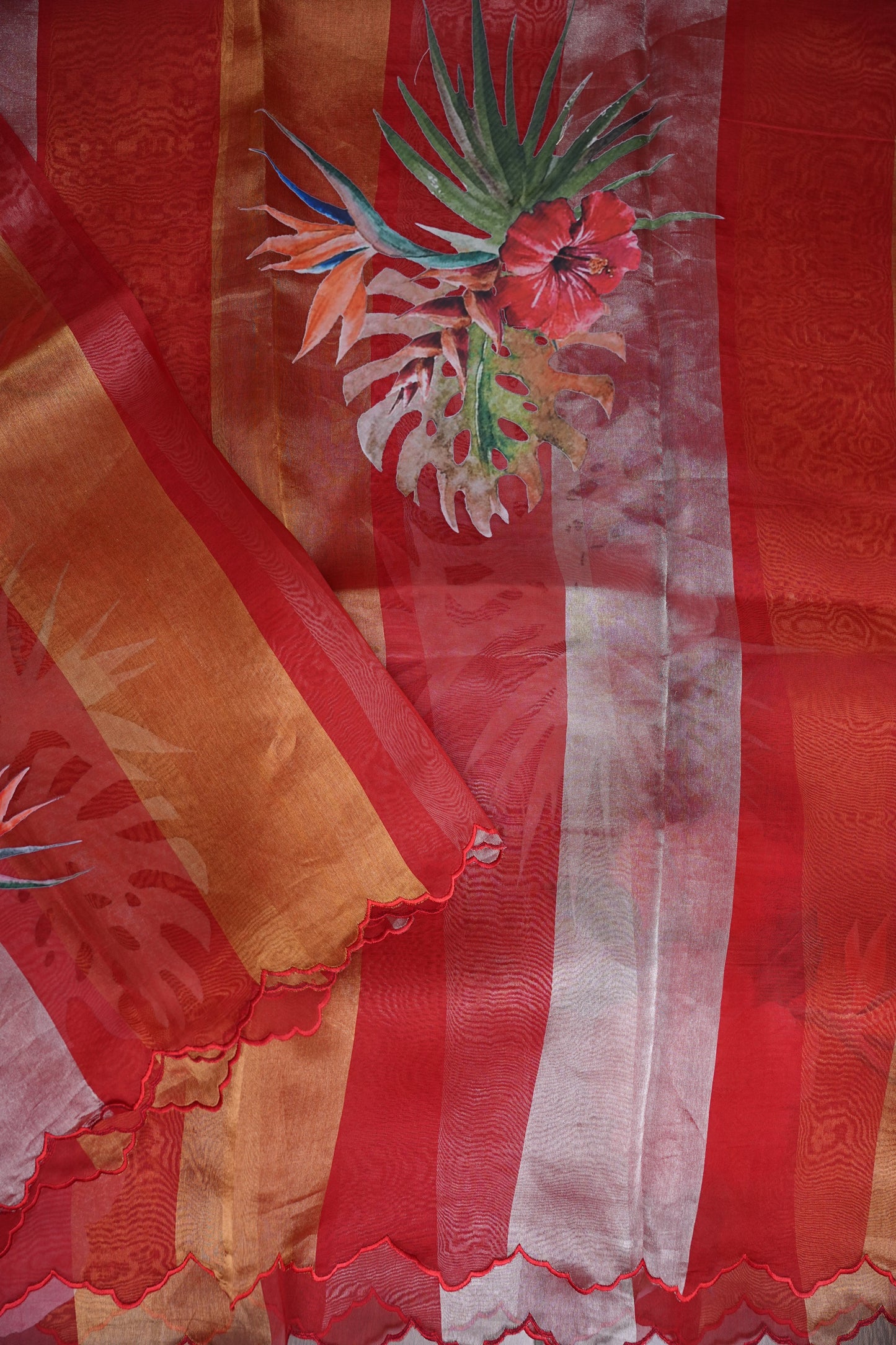 Pure Tissue Organza T Silk Saree with Digital Floral Print - Vermillion Red