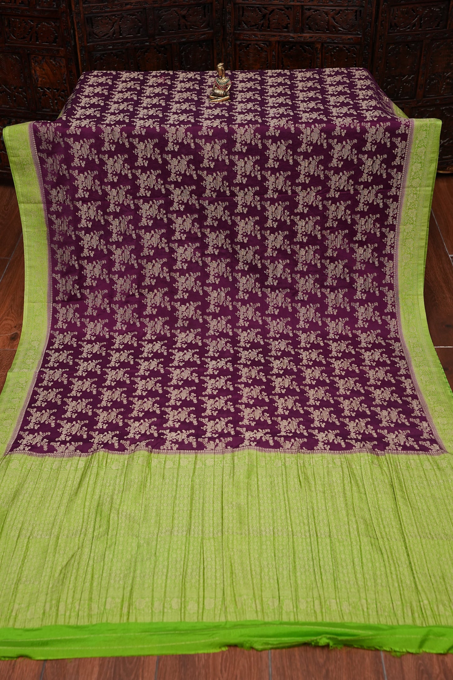 Georgette Silk Banarasi Saree - Wine & Lime Green