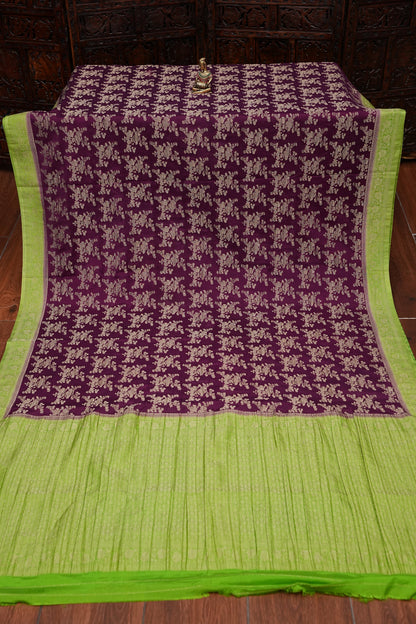 Georgette Silk Banarasi Saree - Wine & Lime Green