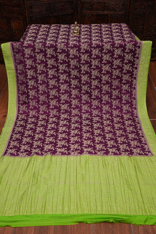 Georgette Silk Banarasi Saree - Wine & Lime Green
