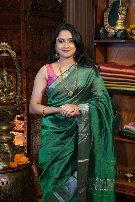 Mangalagiri Silk Cotton Saree - Rich Emerald Green