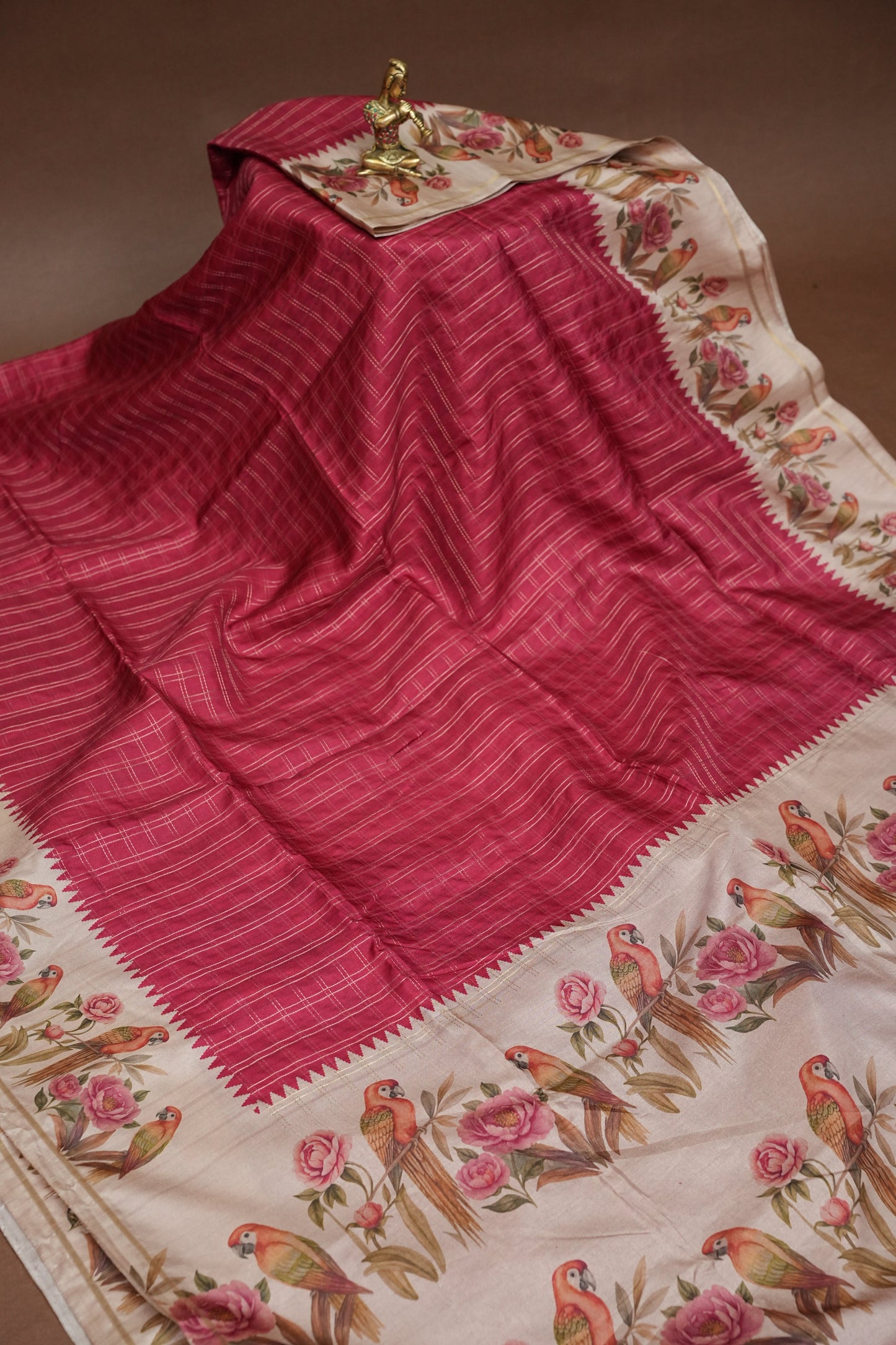 Rose Pink Semi Raw Silk Saree with Ivory Digital Printed Floral & Parrot Border