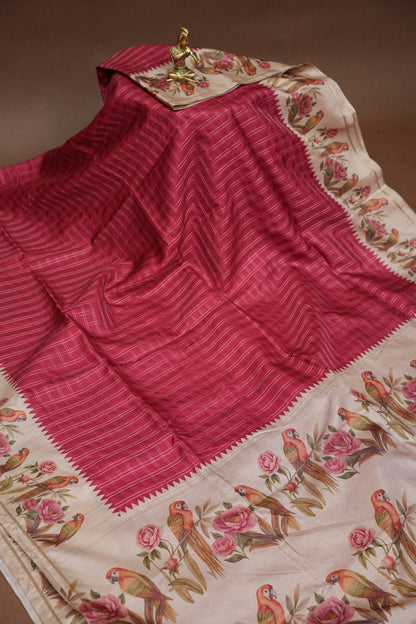 Rose Pink Semi Raw Silk Saree with Ivory Digital Printed Floral & Parrot Border